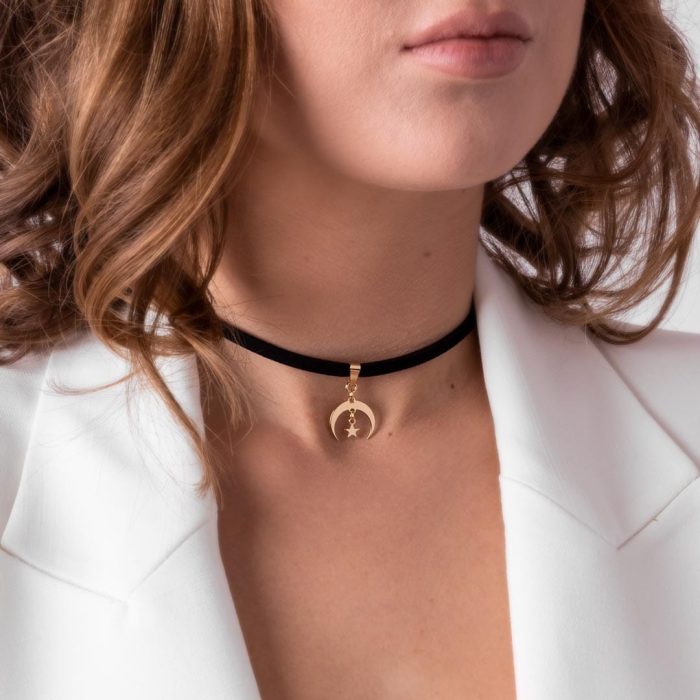 Choker Czarna Alcantara Księżyc MOON